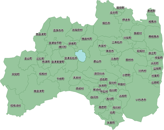 福島県全体地図。地図上の市町村名をクリックしてください。各市町村ごとのモニタリング情報を表示します。